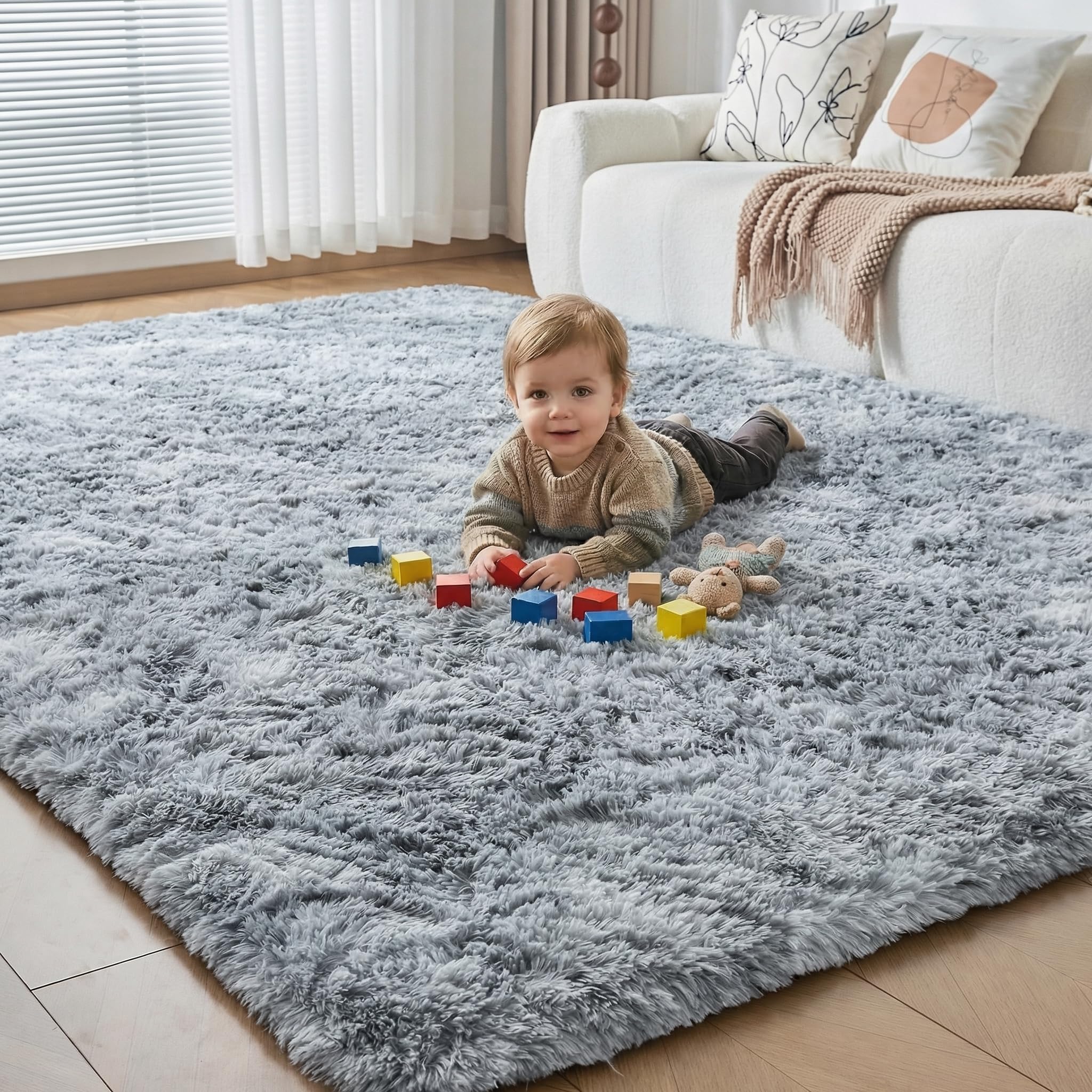 CHOSHOME Fluffy Shaggy Living Room Rugs Large- Non Slip Soft Plush Modern Floor Carpet - Non Shedding Thick Pile Area Rug for Bedroom, Nursery, Lounge, Dining Room - Tie-dye Light Grey, 150x240 cm