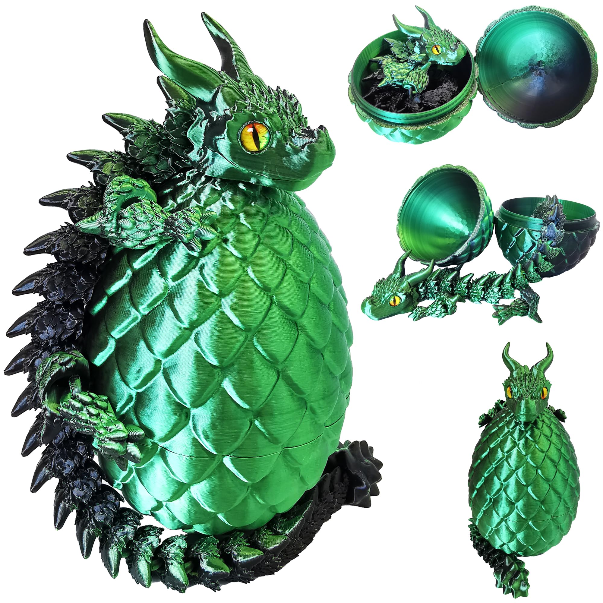 Photo 1 of 3D Printed Dragon Eggs with Dragon Inside, Large Articulated Dragon Toys with Eyes, Animal Fidget Toy Easter Surprise Eggs Home Decor Executive Desk Toy, Easter Gift for Kids (Green+Black)