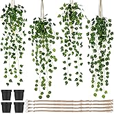Folmywy 4 Pack Artificial Hanging Plants Vines with Pot Fake Vine Potted Plant Mixed Greenery Leaves Plant Theme Classroom Decoration for Indoor Outdoor Living Room Office Shelf
