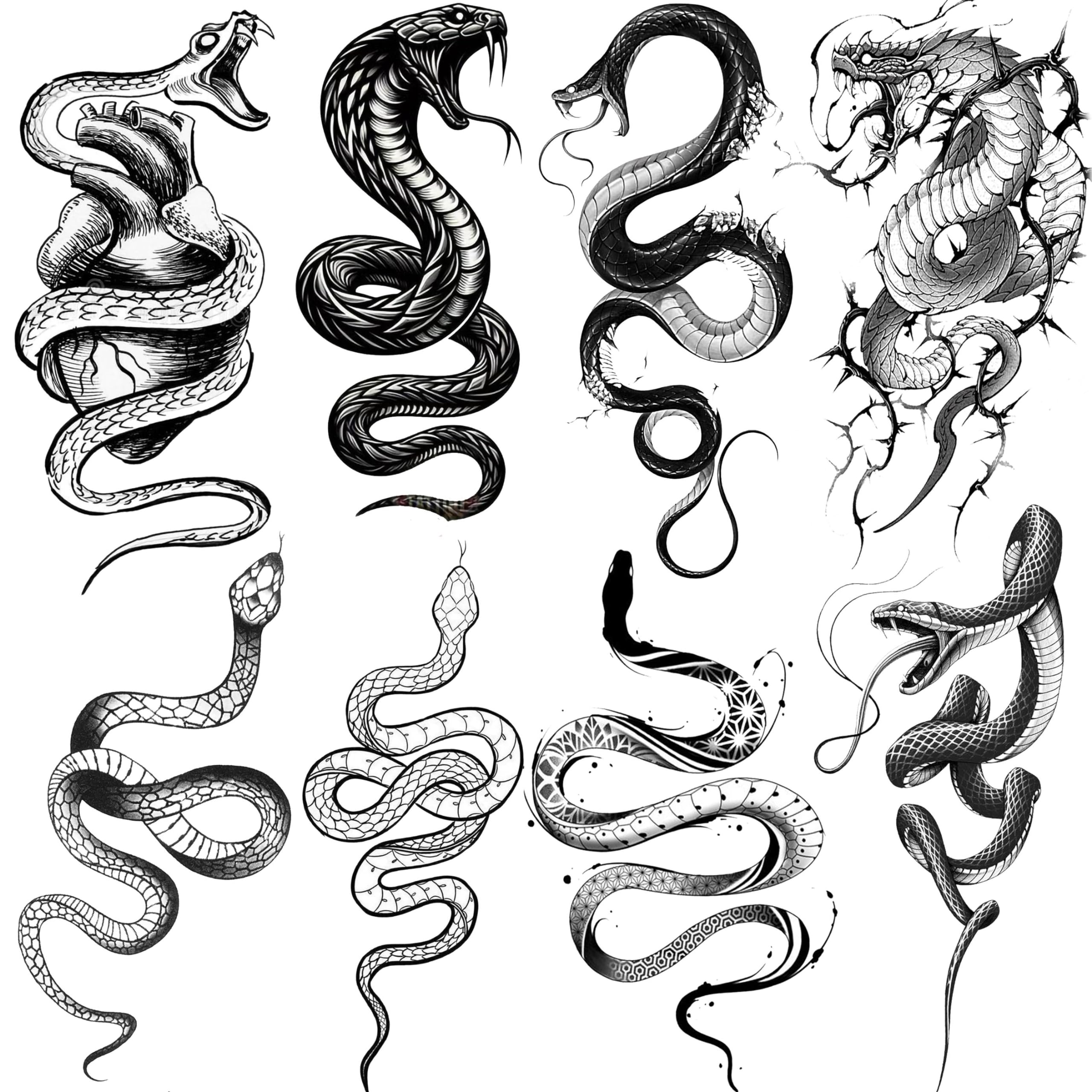 LAROI 8 Sheets Black Snake Temporary Tattoos For Men Women Adults, Halloween Serpent Waterproof Fake Tattoo Stickers, 3D Water Transfer Arm Sleeve Tattoo Paste Decals Legs Neck Forearm Kit Set