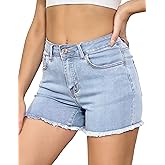 VIPONES Women Mid Rise Jeans Shorts Frayed Raw Hem Summer Stretchy Casual Denim Shorts