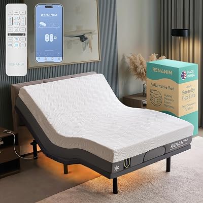 Renanim SFE Queen Electric Adjustable Bed Frame with 14" Hybrid Memory Foam Mattress - Adjustable Mattress Base with Zero Clearance, Electric Massage, USB, UnderBed Light & Wireless Remote