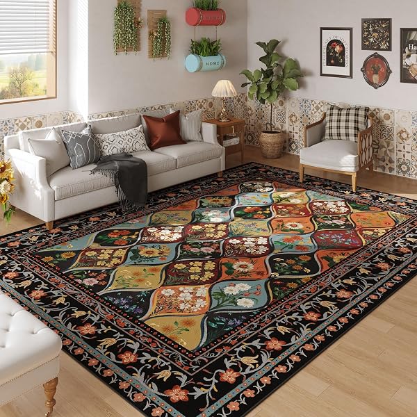 VOWKTEN BOHEMIAN GEOMETRIC FLORAL 8X10 AREA RUGS, MACHINE WASHABLE, LOW PILE SOFT CARPET, NON-SLIP FOR LIVING ROOM, BEDROOM, DINING ROOM, FARMHOUSE, KIDS PLAYROOM, OFFICE | BLACK