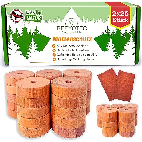 BeeyoTec 50x BIO Mottenschutz VORTEILSPACKUNG [2x25Stück] Natürlicher Schutz vor Kleidermotten aus Zedernholz / 100% Naturpro