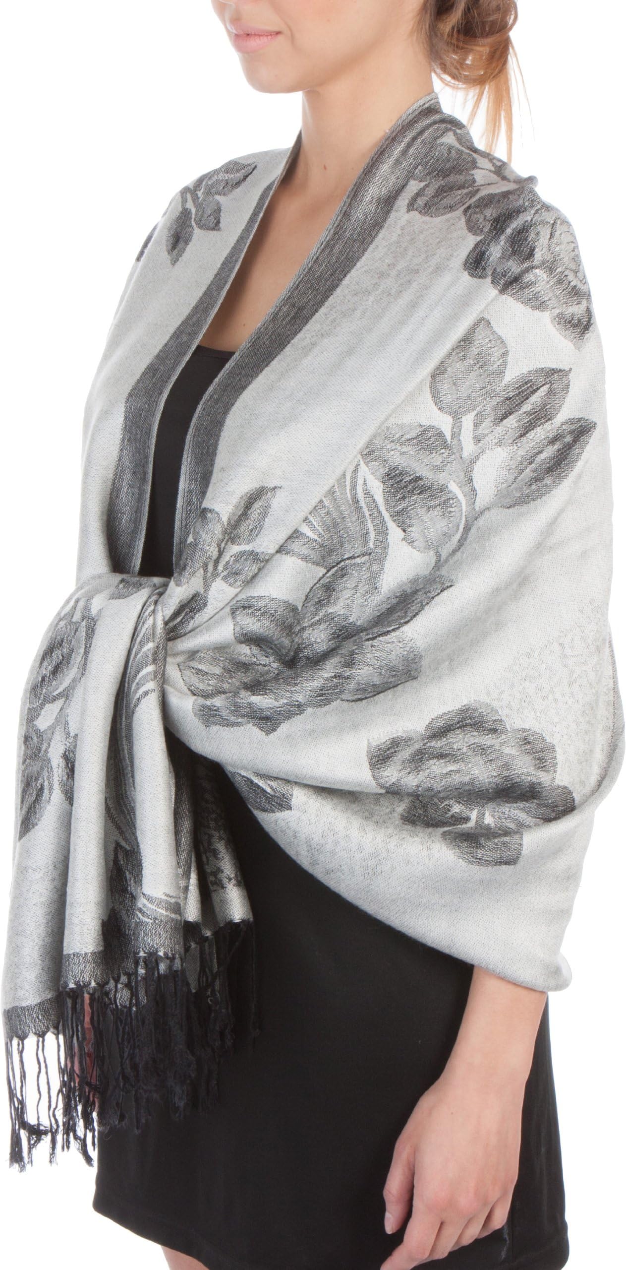 SakkasLightweight Two Tone Rose Floral Design Pashmina Feel Fringe Scarf/Stole/Wrap