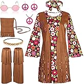 AOTHSO 8 Piece 70s Women Hippie Costume Peace Sign Earring Necklace Headband Dress Leg Sleeves Tassel Bag for Halloween Disco