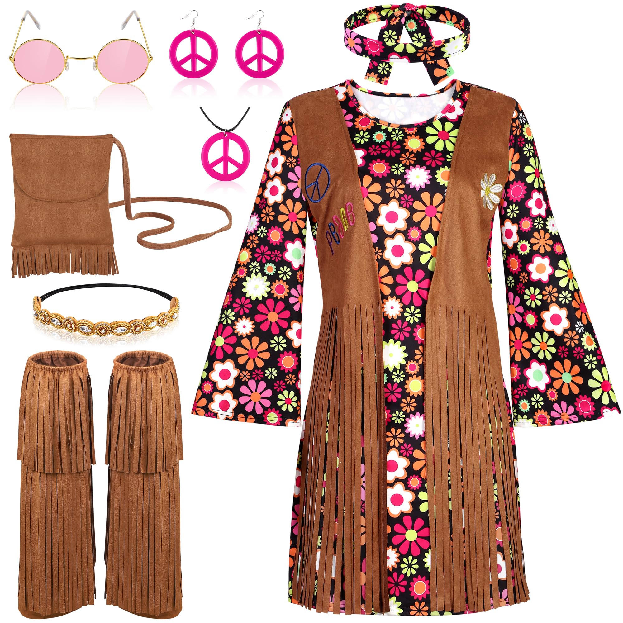 AOTHSO 8 Piece 70s Women Hippie Costume Peace Sign Earring Necklace Headband Dress Leg Sleeves Tassel Bag for Halloween Disco