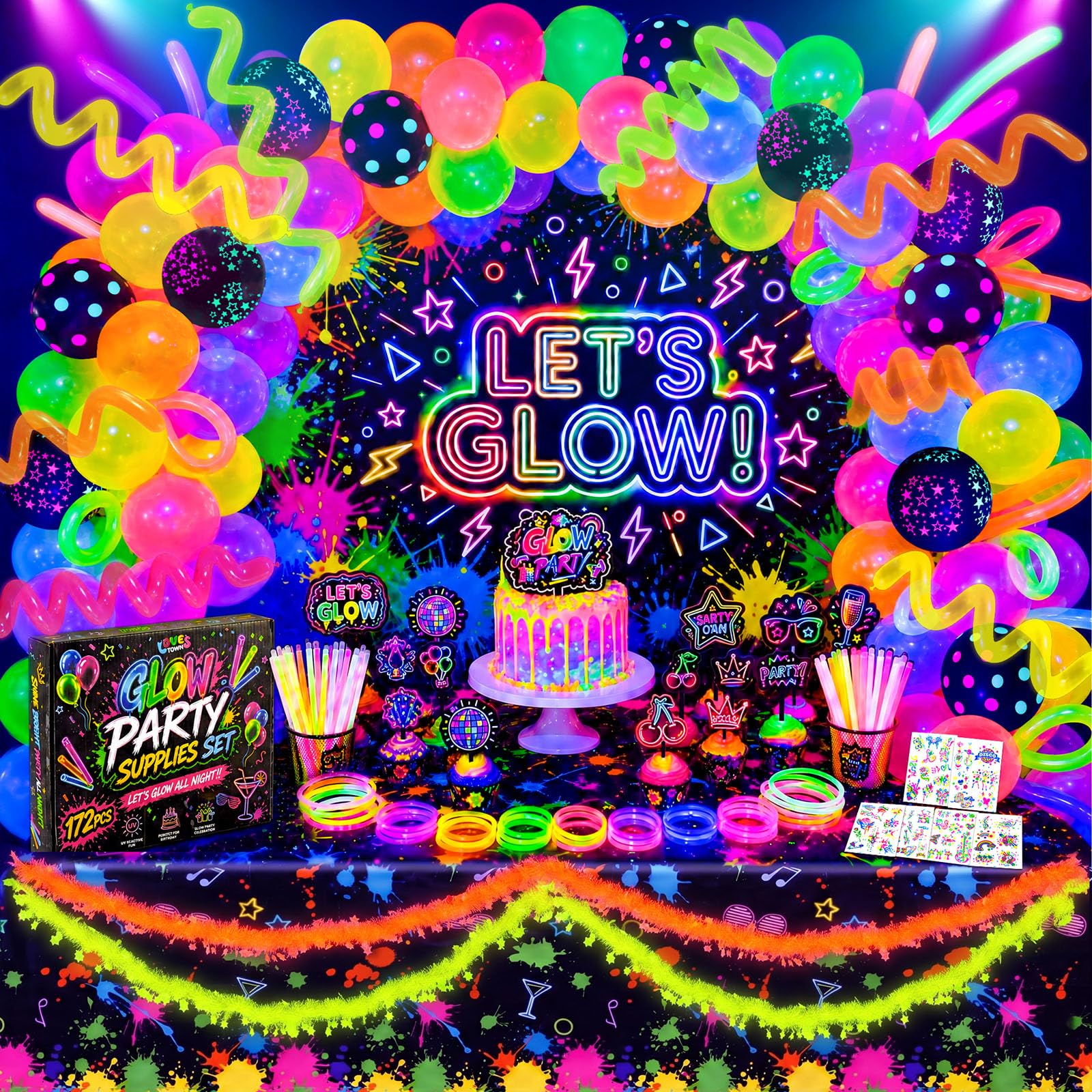 LovesTown 192PCS Neon Glow Party Decorations Kit with 113 Balloons