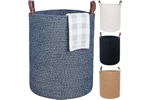 Twira Extra Large 20x16 Inches Cotton Rope Basket, Woven Baby Laundry Blanket Basket with Leather Handle Toy Basket Storage Baskets Bin for Yoga Mat & Towel (Blue）
