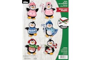 Bucilla Felt Applique 6 Piece Ornament Making Kit, Winter Land Penguins, Perfect for DIY Arts and Crafts, 89668E