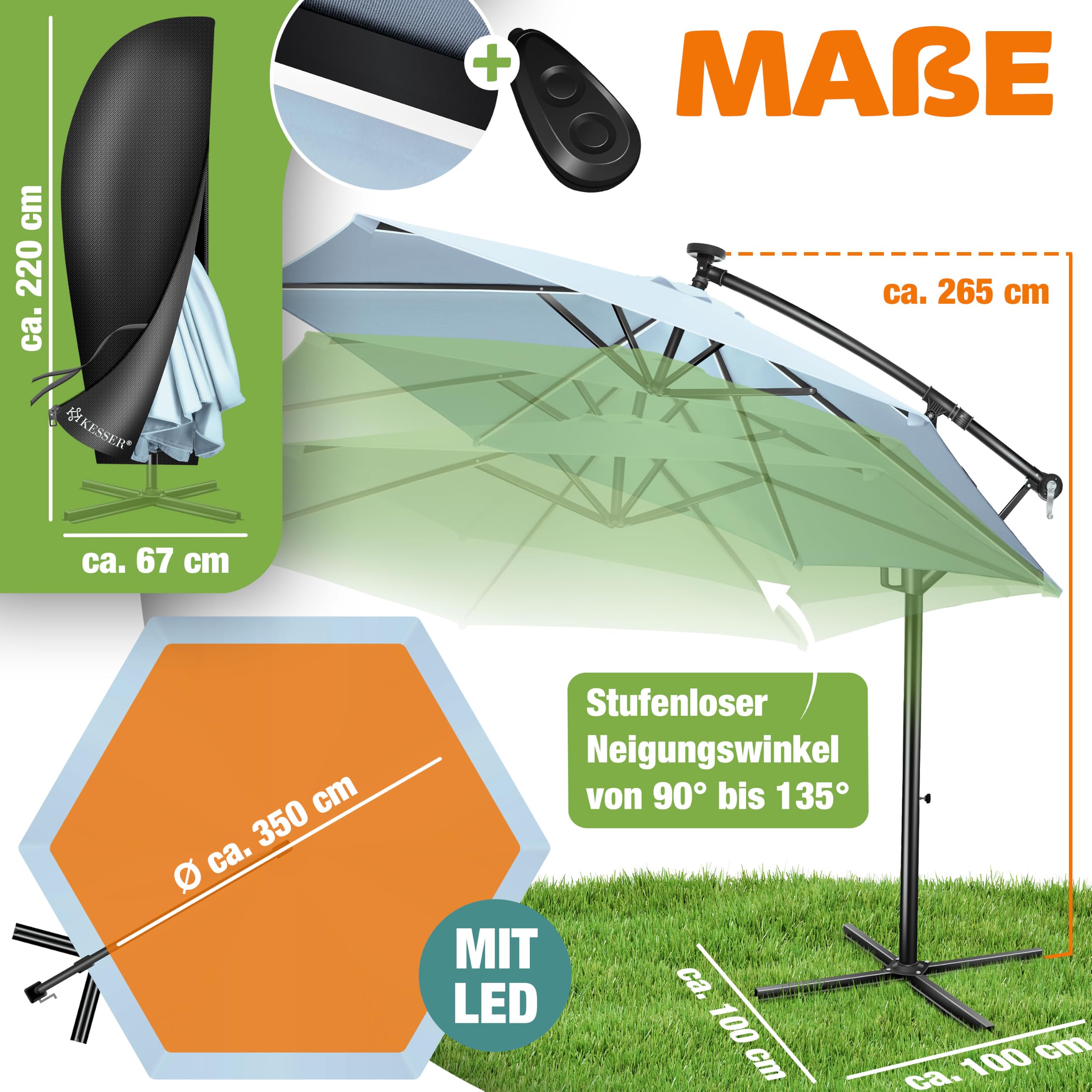 KESSER® Sonnenschirm Solar Ø 300 cm/Ø 350 cm mit LED Beleuchtung, Ampelschirm mit Kurbel, Garten, Sonnenschutz, Gestell & Ständer aus Alu, UV-Schutz, wasserdicht + Windfest, 360° Funktion + Hülle 2