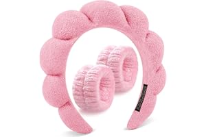 DOMMARE Headband For Washing Face Bubble Skin Care, Spa Headbands For Women Wristband Set, Makeup Hairband Teen Girl Thanksgiving Christmas Gifts, Terry Cloth Get Ready Hair Accessory(Pink)