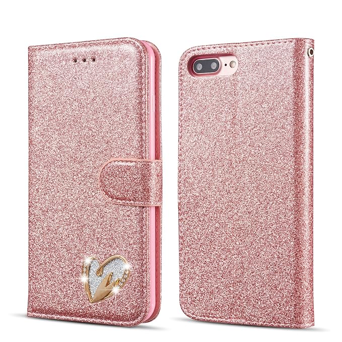 QLTYPRI iPhone 5 5S SE Hülle, Glitzer Handyhülle PU Ledertasche TPU Etui Handschlaufe Kartenfach mit Eingelegten Liebe Herz D