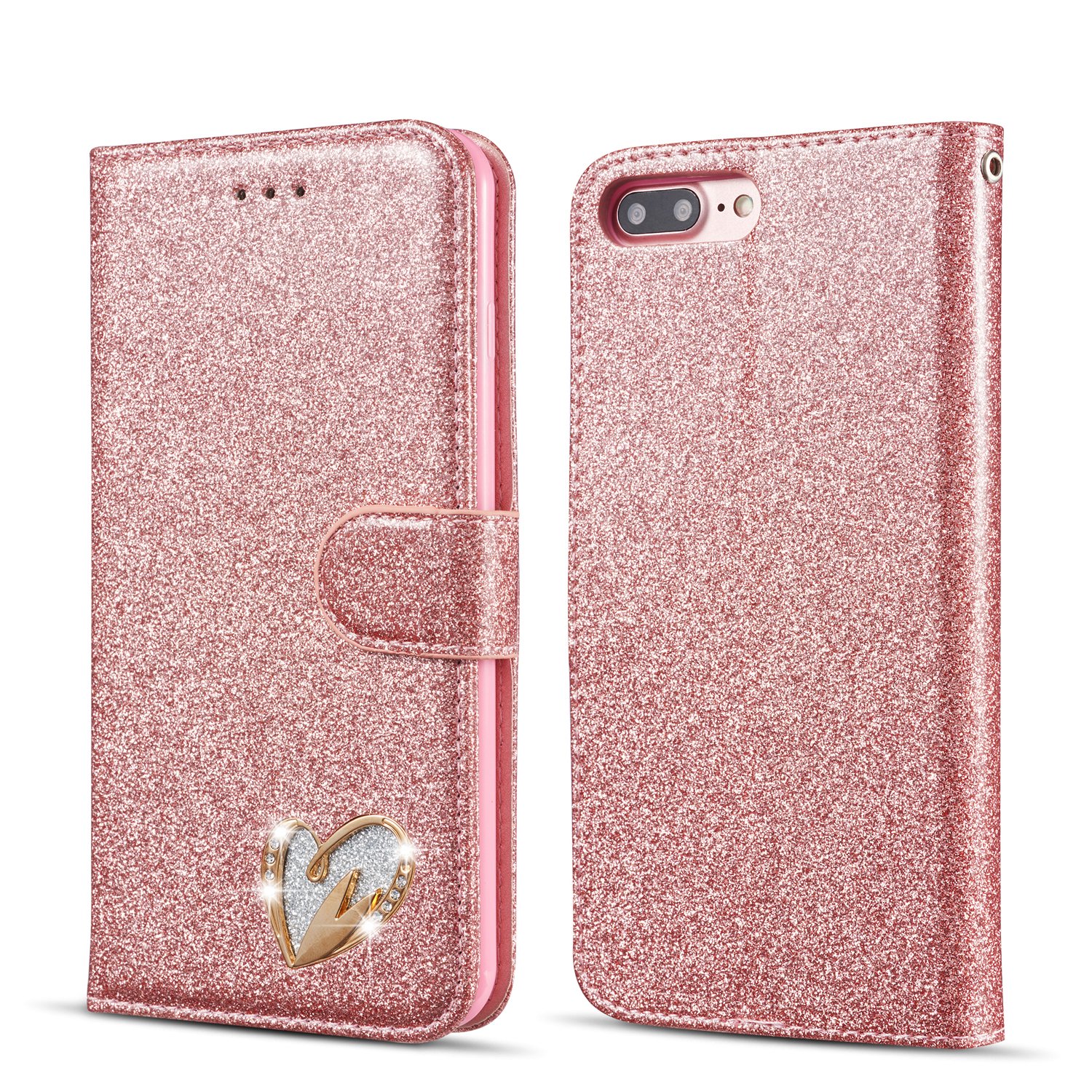 QLTYPRI Wallet Case for iPhone 6/6S, Glitter PU Leather Case TPU Bumper Card Holder Kickstand Wrist Strap Inlaid Heart Diamond Flip Folio Case Cover for iPhone 6/6S - Rose Gold