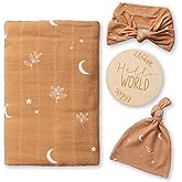 Miaoberry 100% Organic Cotton Baby Muslin Swaddle Blanket Set| Burnt Orange Boho Moon| Gender Neutral for Boys Girls|Moon Leaf| Hospital Newborn Receiving Blanket |Newborn Unisex