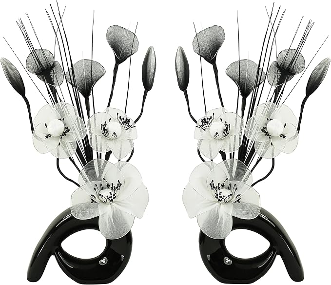 Matching Pair of Black Vases with White Artificial Flowers, Ornaments