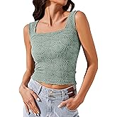 Ziesexy Womens Crop Floral Tank Top Square Neck Wide Straps Cropped Tank Tops Slim Fit Lettuce Trim Boho Summer Tops