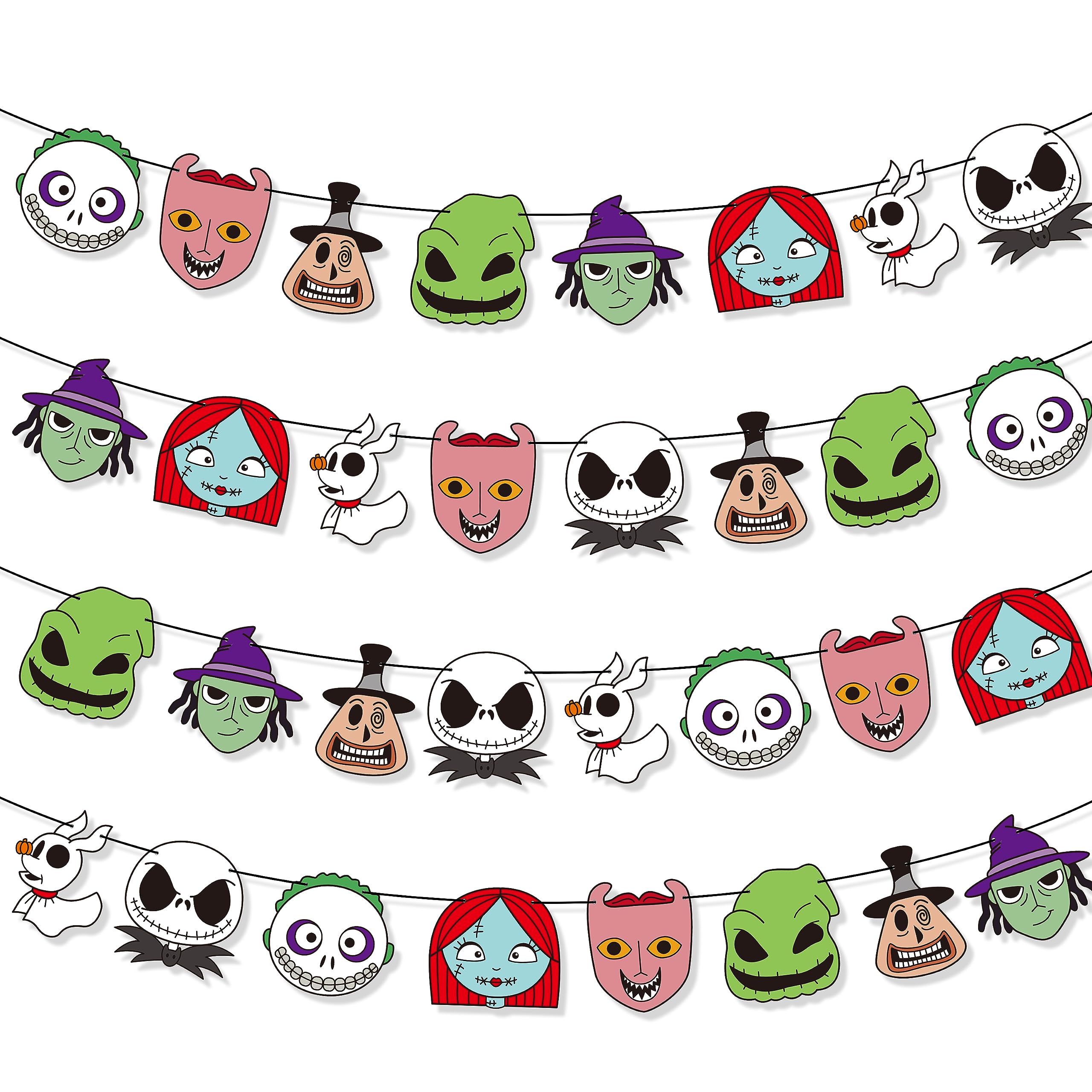 Photo 1 of Z1juce Halloween Skull Party Banner - 32PCS Jack and Sally Halloween Character Skull Banner Backdrop Birthday Garland Party Decorations for Kids Party Supplies