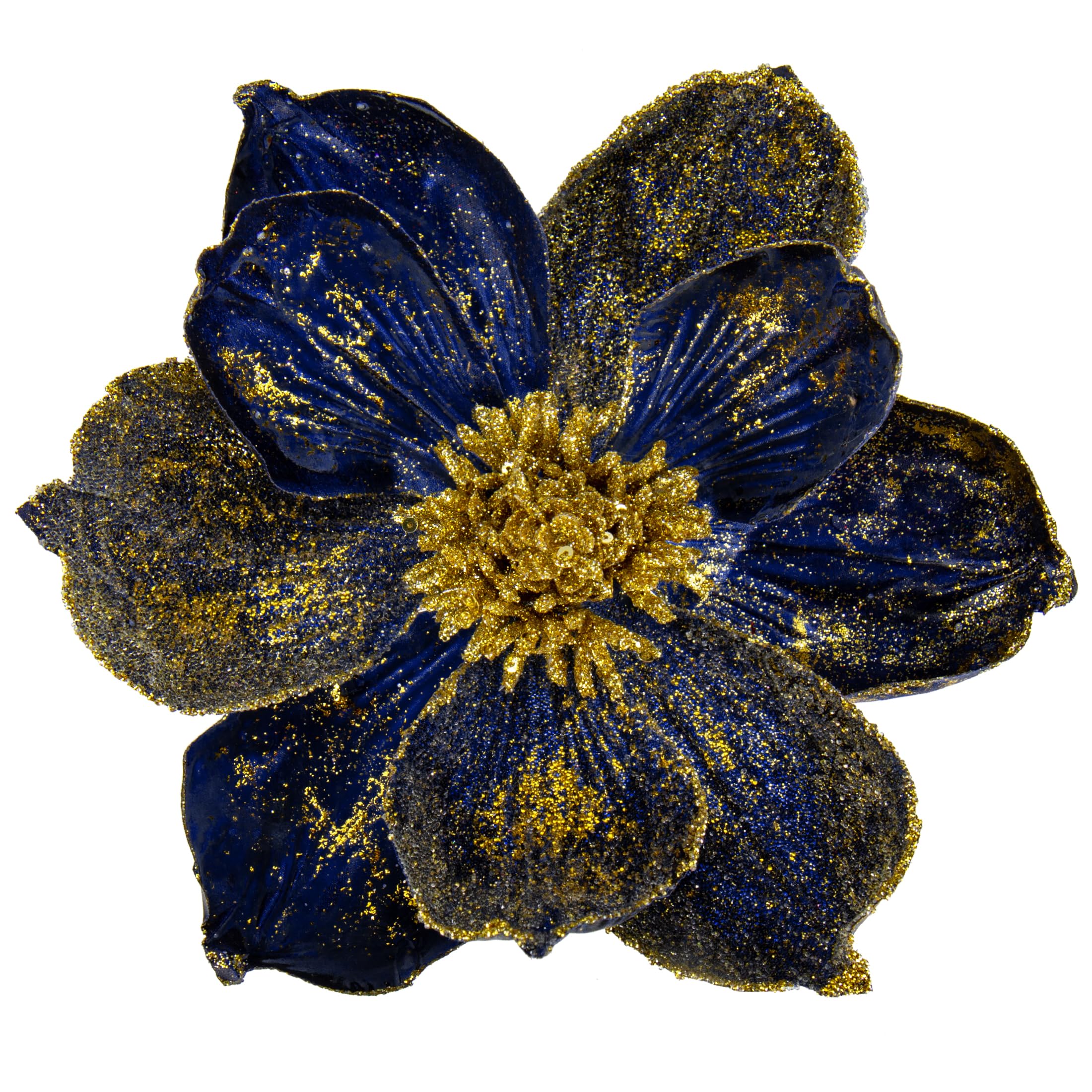 Briful 4-Pack 8" Glitter Magnolia Artificial Flower Stem Large Magnolia Navy Blue Artificial Flowers for Christmas Tree Decorations Artificial Christmas Flowers for Xmas Decorations