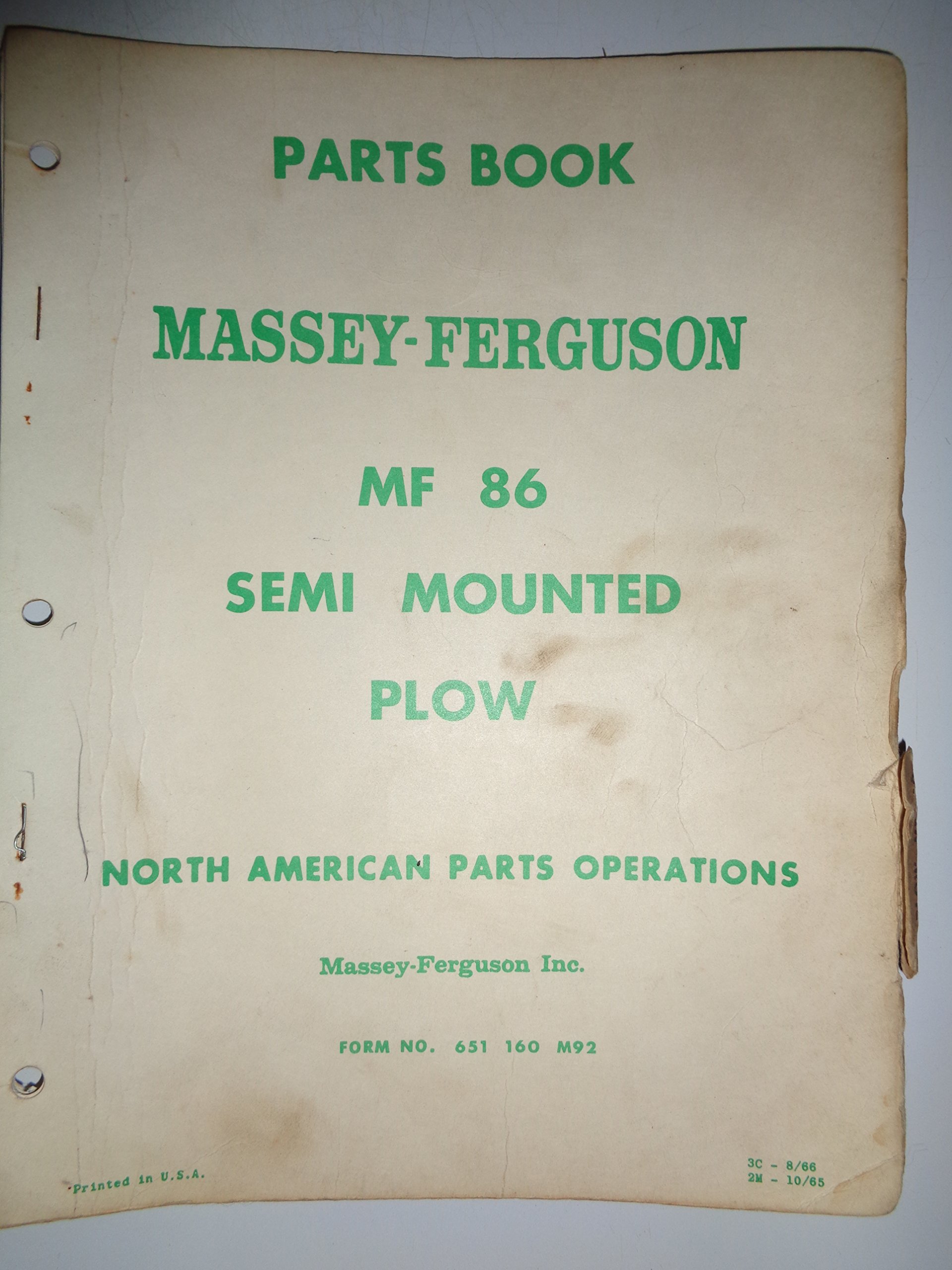 Massey Ferguson MF 86 Semi Mounted Plow Parts Catalog Book Manual 8/66  original Staple Bound – 1966