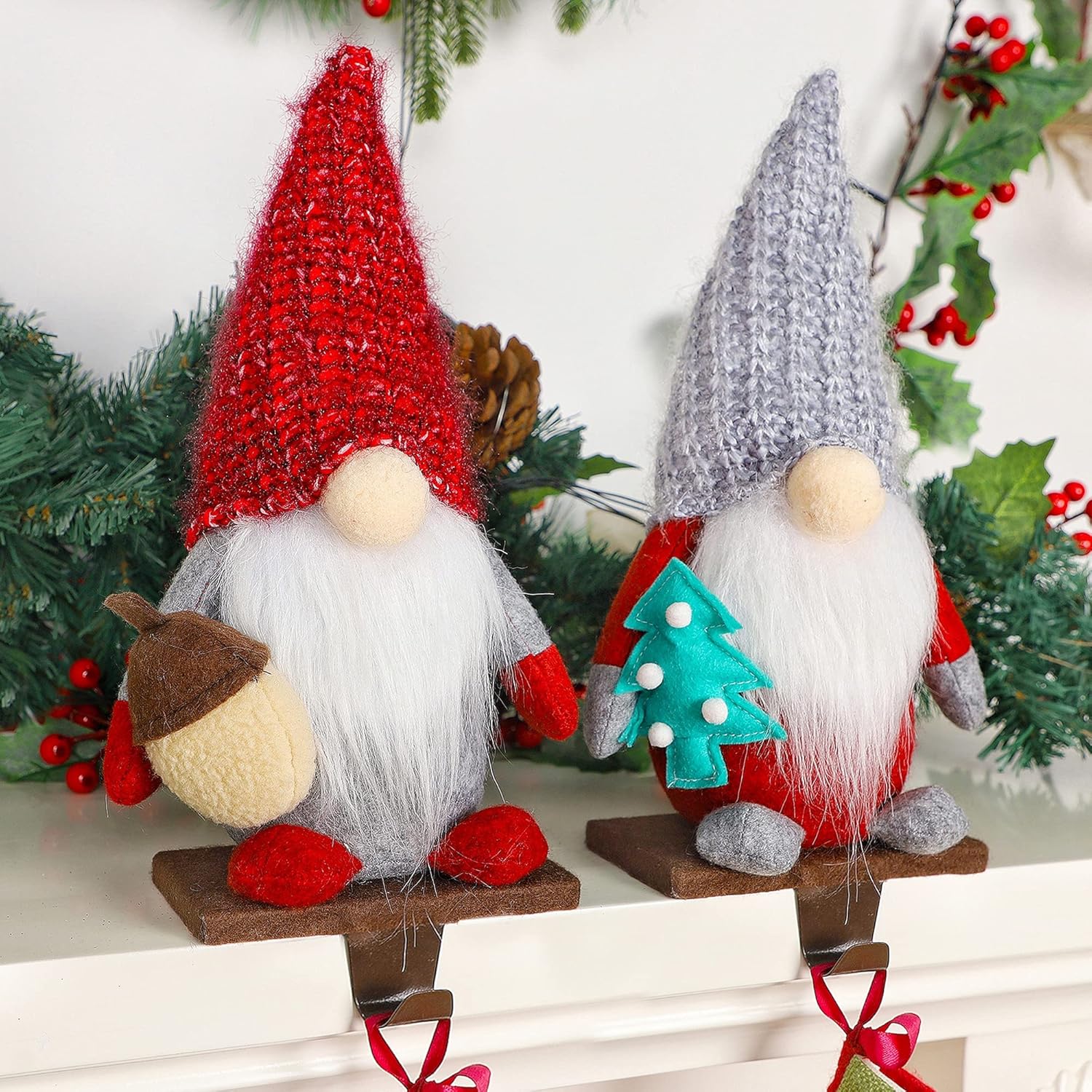 Ornament Hooks - Juegoal 2 Pack Christmas Gnome Stocking Holders for Mantle, Xmas Stocking Stand Hangers, Plush Gnomes Hanging Hooks for Stockings, Fireplace Hooks Hanger for Christmas Decorations