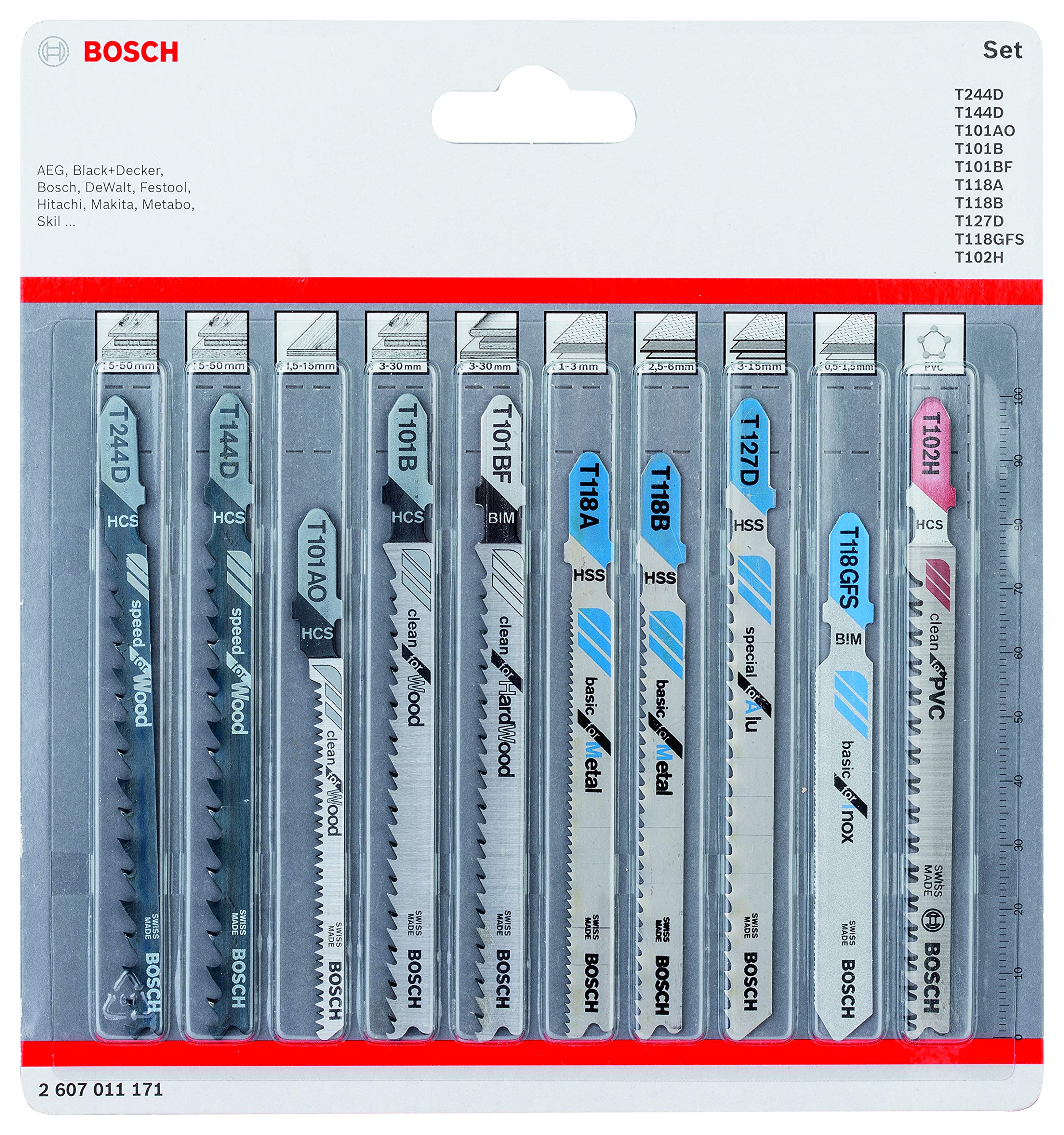 Bosch Professional 2607011171 10-Piece Set Jigsaw Blades Set (for Wood and Metal, Accessories for Jigsaw with T-Shank mounting), 0.8 cm*16.7 cm*15.7 cm