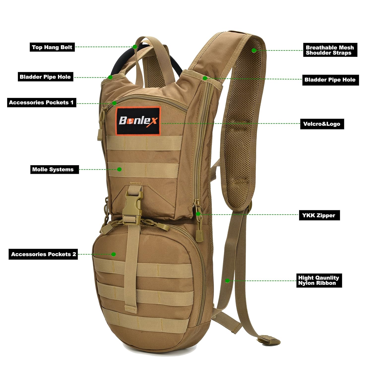 Amazon.com : BONLEX Hydration Pack Backpack Tactical Hight Quality Rucksack  Water Backpack Including 3L BPA Free Water Bladder, Heavy Duty, Light  Weight, ...