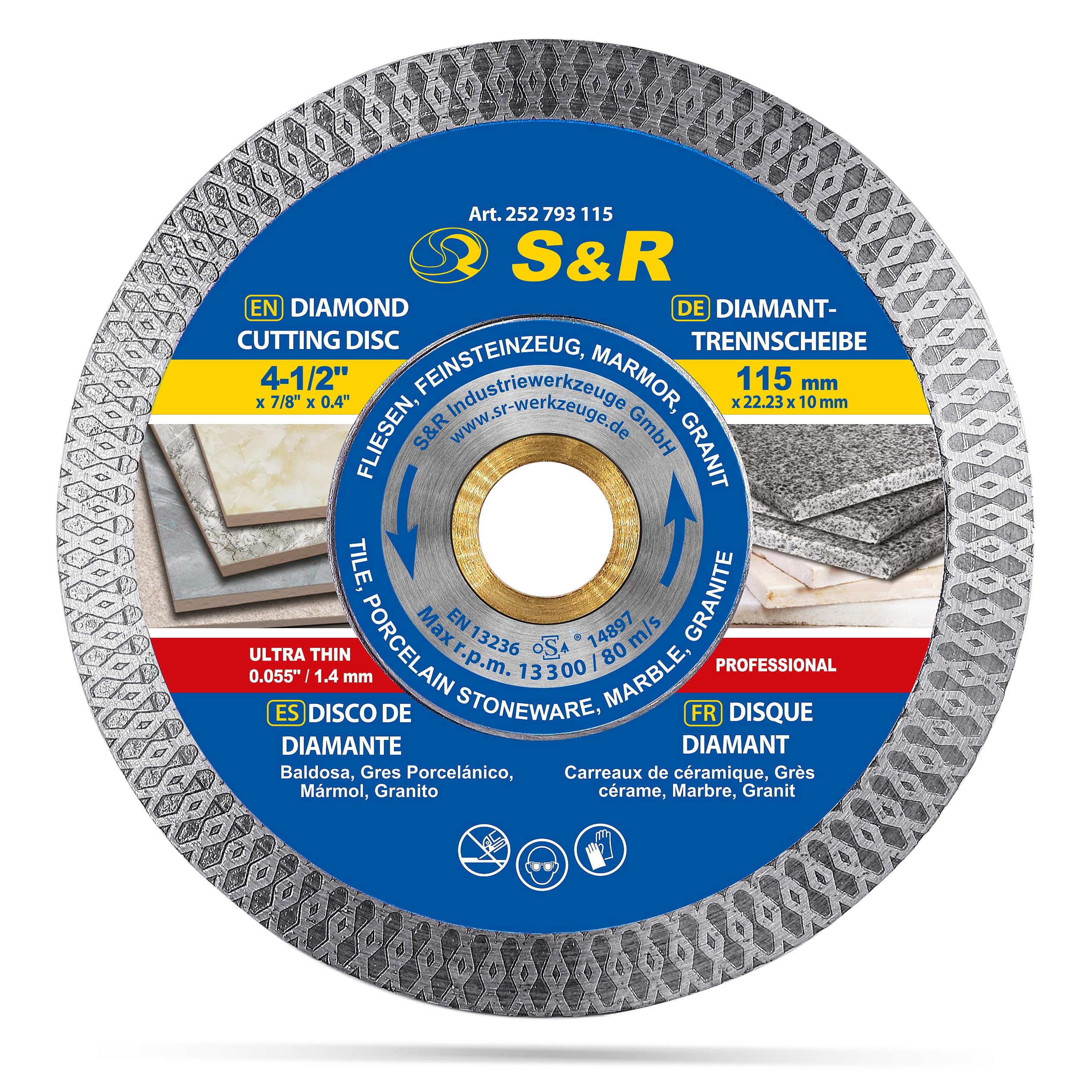 S&R Diamond cutting disc 115 x 22.2 x 10 mm (1.2/0.8 mm) for porcelain, diamond saw blade for porcelain stoneware, hard tiles, granite