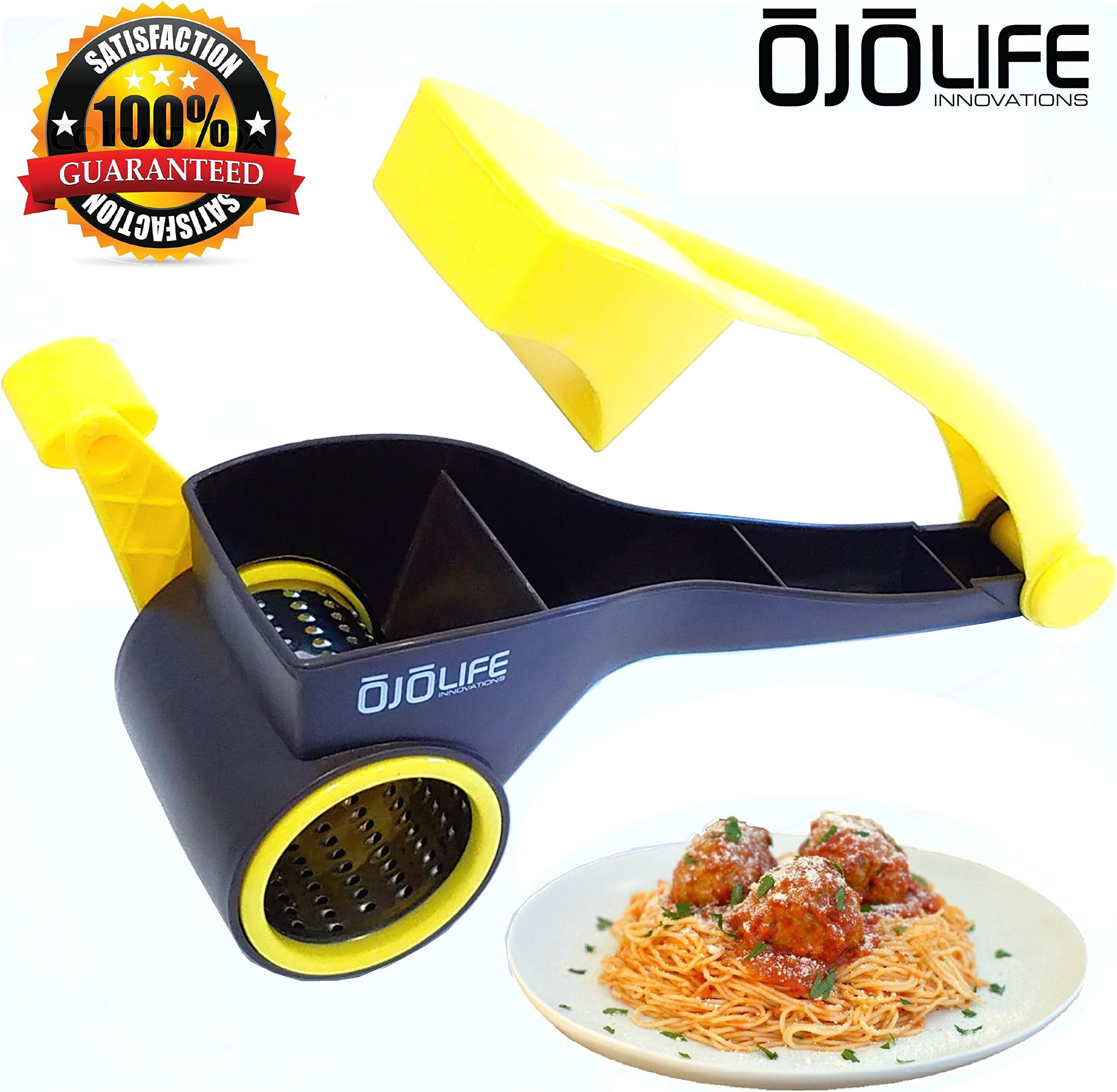 oJoLife Innovations Razor Sharp Stainless Steel Blades Rotary Cheese Grater with E-Cookbook