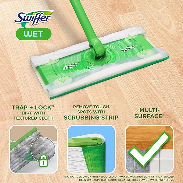 SWIFFER SWEEP + MOP, WET PADS REFILL, FLOOR CLEANER FOR DIRT, DUST, HAIR, CLEANING CLOTHS FOR MOPPING HOME, BATHROOM, KITCHEN, ALL PURPOSE MULTI-SURFACE FLOOR WIPES, FRESH, 24CT