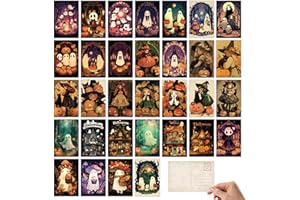 Tlenpo 32pcs Vintage Halloween Postcards, Scary Pumpkin Witch Ghost Home Decor Thickened Halloween Cards, Party Gift Supplies Holiday Postcards for Family and Friends, 4×6 In