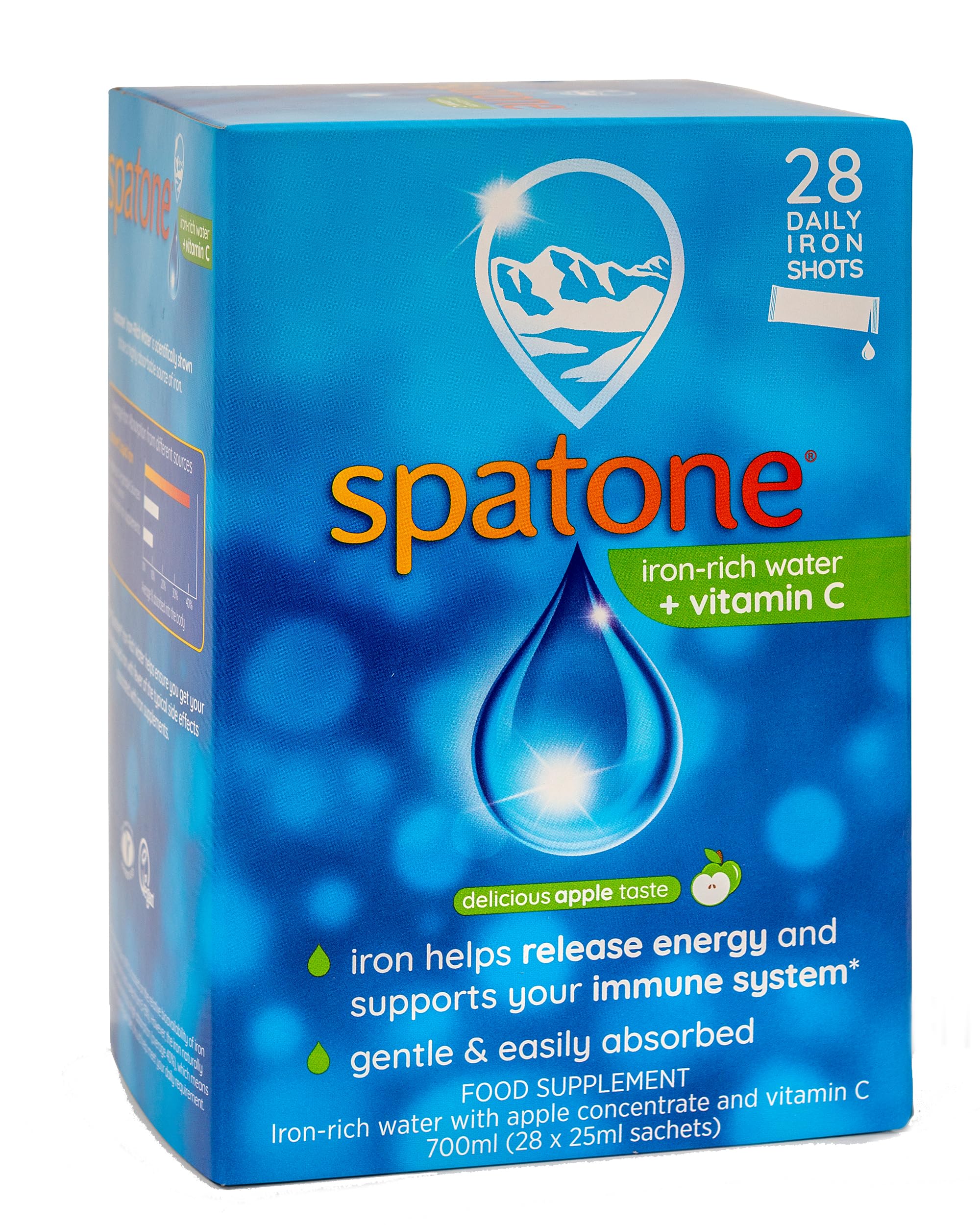 Spatone Natural Iron Supplement + Vitamin C (28 Sachets), Daily Convenient Liquid Iron Sachets, Nothing Artificial, Better Absorption than Tablets, Less Side Effects, Apple Flavour
