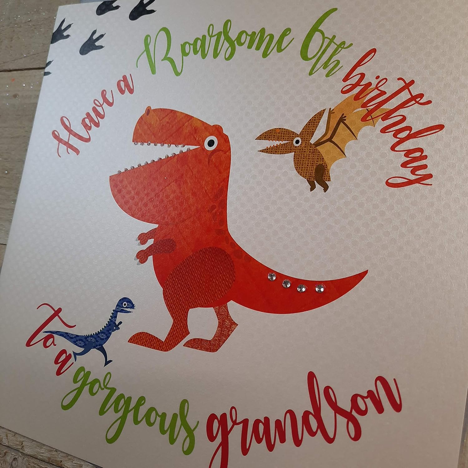 white cotton cards XR41-6GS Large"Have a Roarsome 6th Birthday to a Gorgeous Grandson" Handmade Card, 22cm x 22cm - Image 4