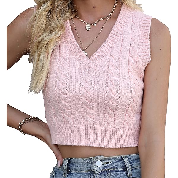 Longhong Women's V-Neck Sleeveless Crop Sweater Vest - Solid Color Knit Tops