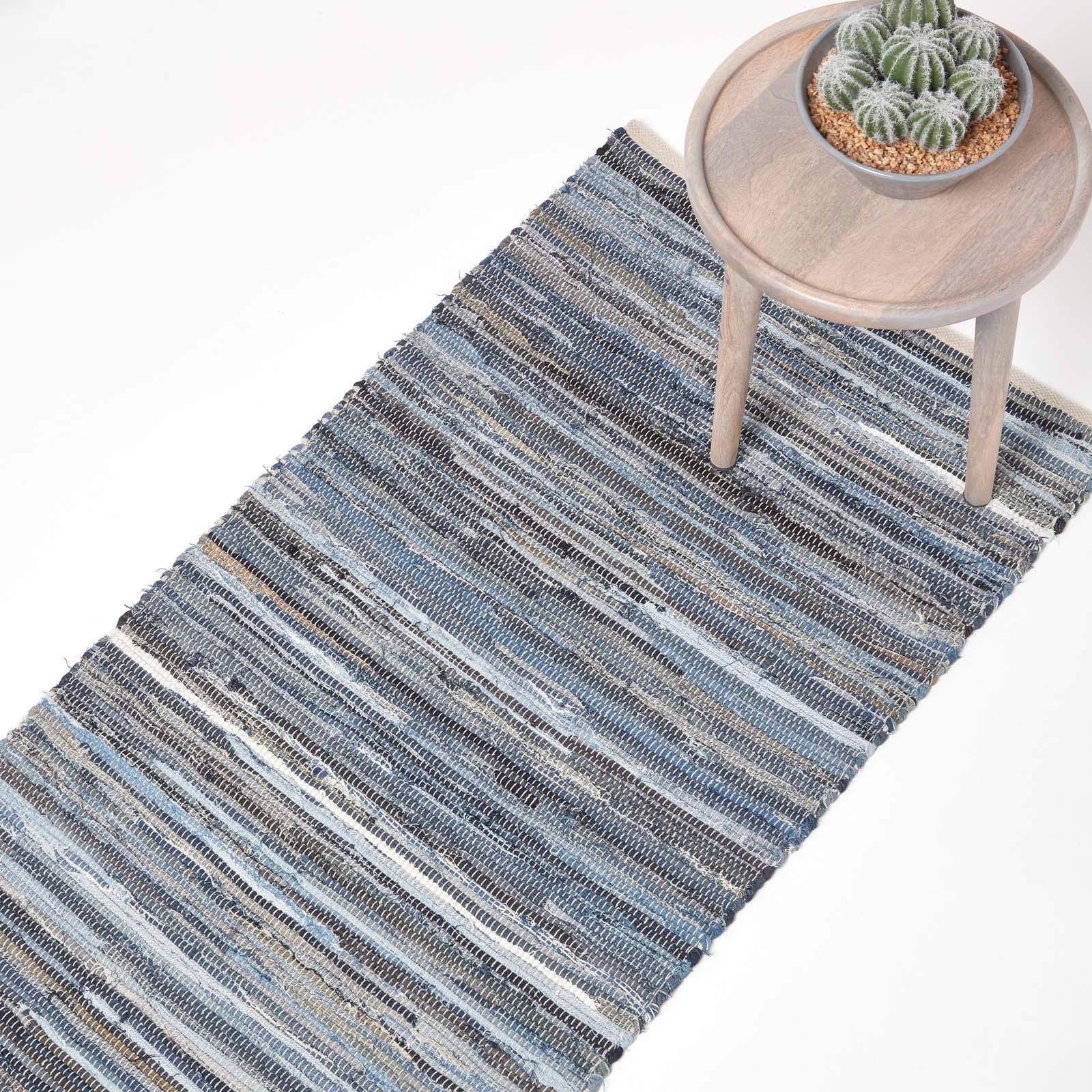 HOMESCAPES 100% Recycled Denim Blue Chindi Hall Runner Blue Stripes Handmade Eco Friendly Real Denim Rug, 66 x 200 cm