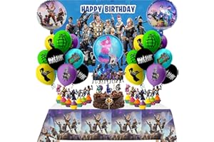 Nelton Video Game Party Supplies Includes Backdrop, Cake Toppers, 24 Cupcake Toppers, 18 Balloons, 3 Foil Balloons, Table Cloth