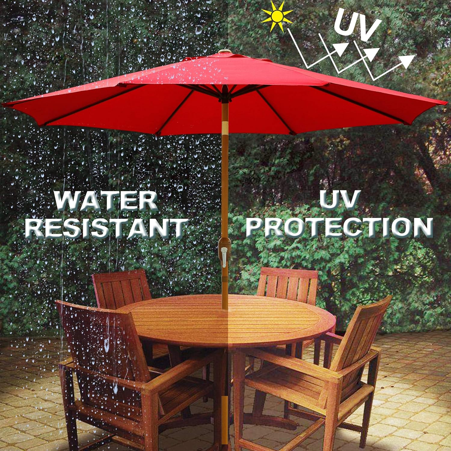 Blissun 9 Patio Umbrella Outdoor Market Table Umbrella With Push Button Tilt And Crank Wooden Coated Aluminum Pole 8 Ribs Red Amazon In Garden Outdoors