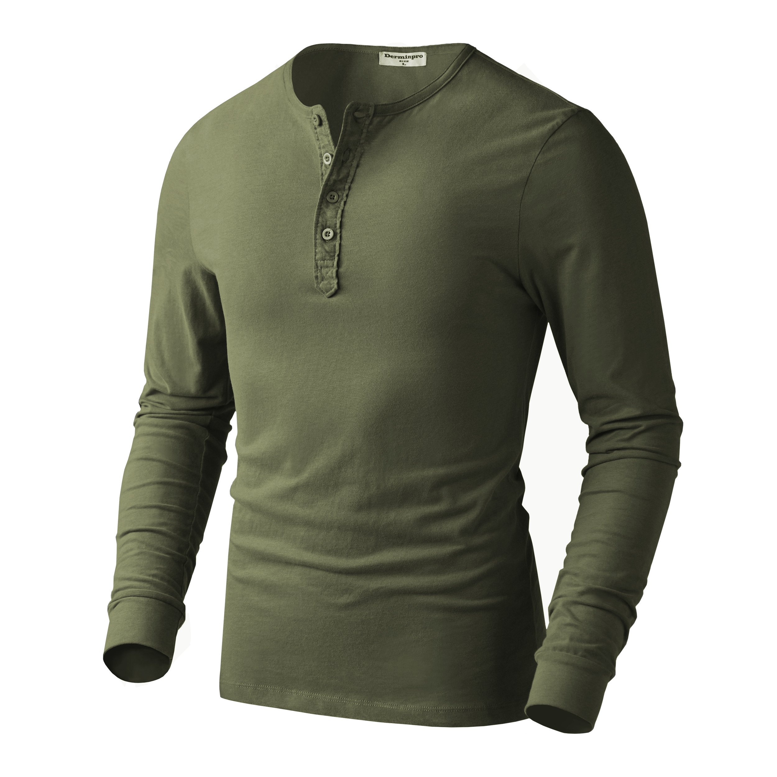 Derminpro Men\'s Premium Cotton Henley Long Sleeve T-Shirts Army Green X-Large