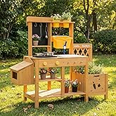 Wooden Mud Kitchen for Kids with Running Water Sink, Outdoor Play Kitchen | Mud Table, Gravity Water Tank, Planting Box, Critter Observation Box, 9-Pc Accessory Kit, Age 3+ Gift