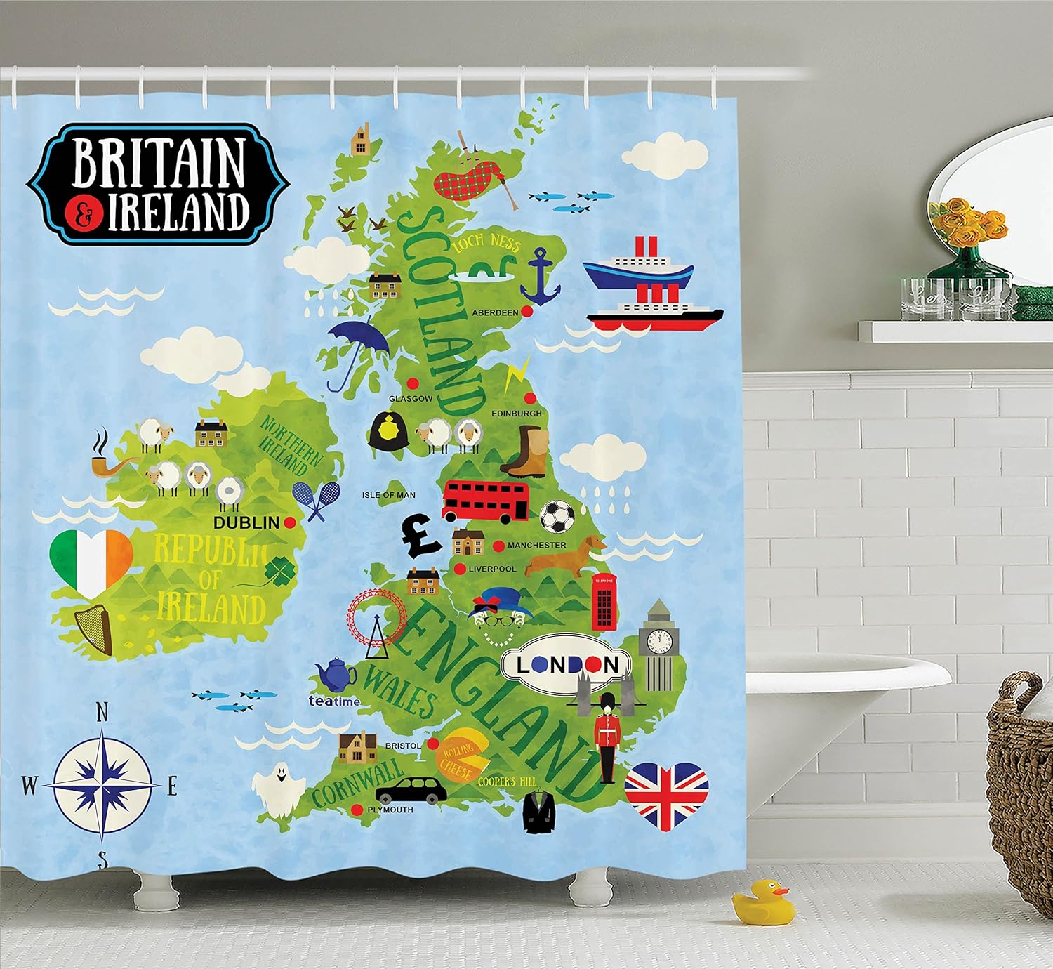 Ambesonne Wanderlust Shower Curtain, Cartoon Maps of Britain and Ireland Children Landmarks Illustration, Fabric Bathroom Decor Set with Hooks, 70 Inches, Pale Blue Apple Green