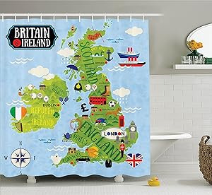Ambesonne Wanderlust Shower Curtain, Cartoon Maps of Britain and Ireland Children Landmarks Illustration, Fabric Bathroom Decor Set with Hooks, 70 Inches, Pale Blue Apple Green