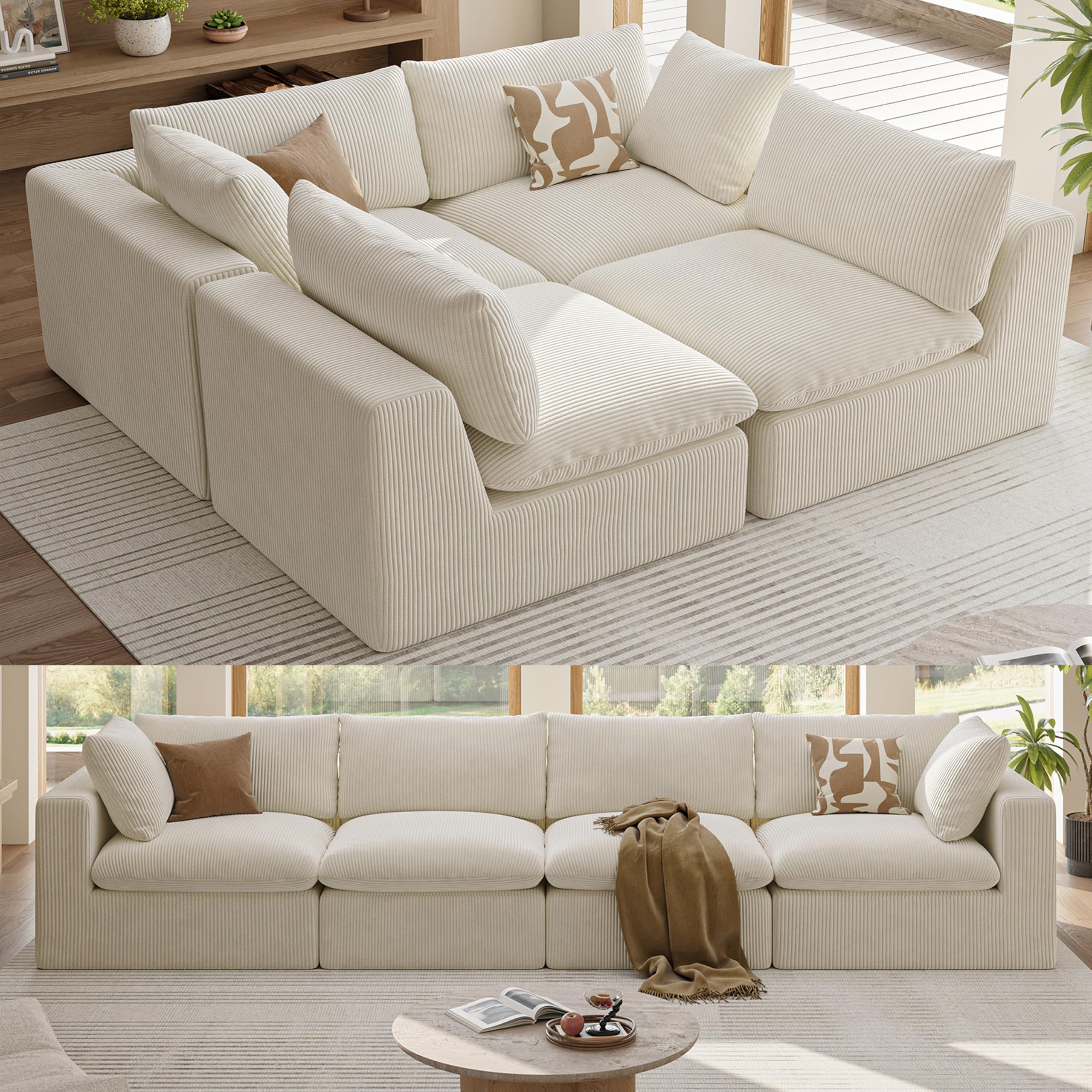 Photo 1 of *Bottom is dirty* Memory Foam Convertible Modular Sectional Sofa Extra Wide Deep Seat Cloud Couch - 135" Oversized Floor Lounge Sofa Corduroy Upholstered Corner Couch w/Thicked Cushions and 2 Pillows for Living Room