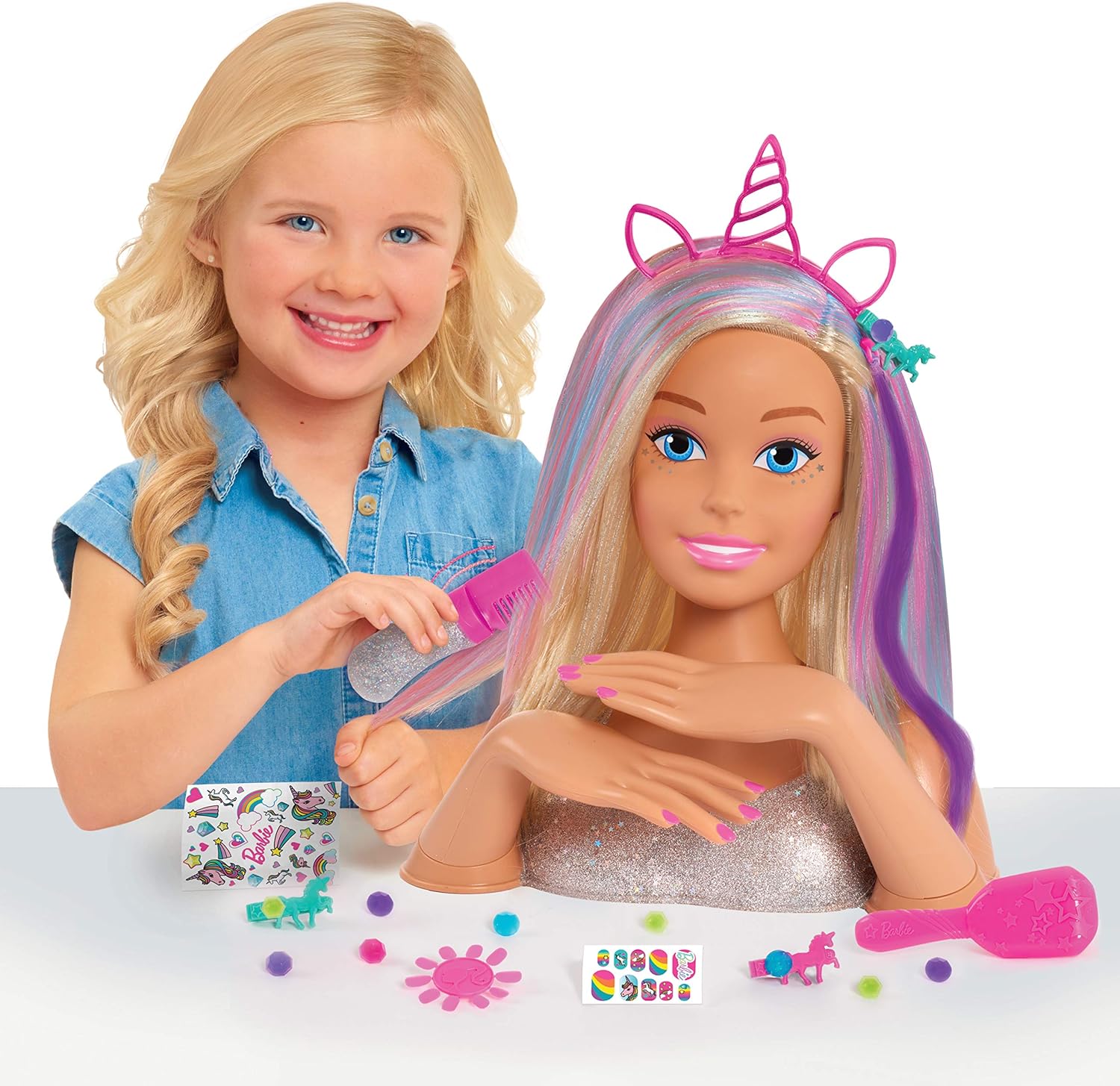 Barbie Deluxe 20-Piece Glitter and Go Styling Head, Blonde Hair and Unicorn Headband: Toys & Games