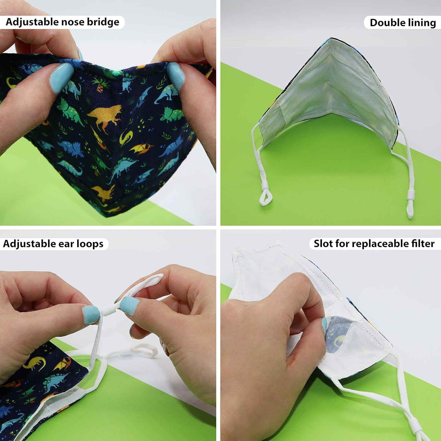 2 PCS Cotton Dinosaur Masks for Children, Kids Face Mask with Filter Pocket, Boys Reusable Cloth Washable Breathable Cover for Kids, Childrens Size: Clothing