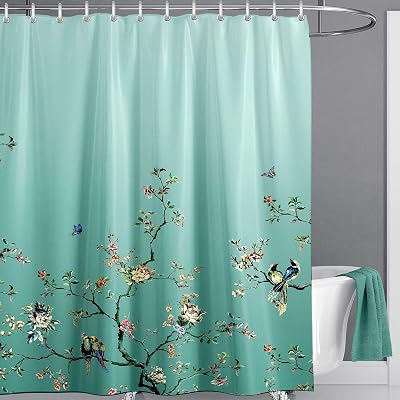 LIVETTY Ombre Green Shower Curtain 200x200cm Floral Butterfly 12 Hooks