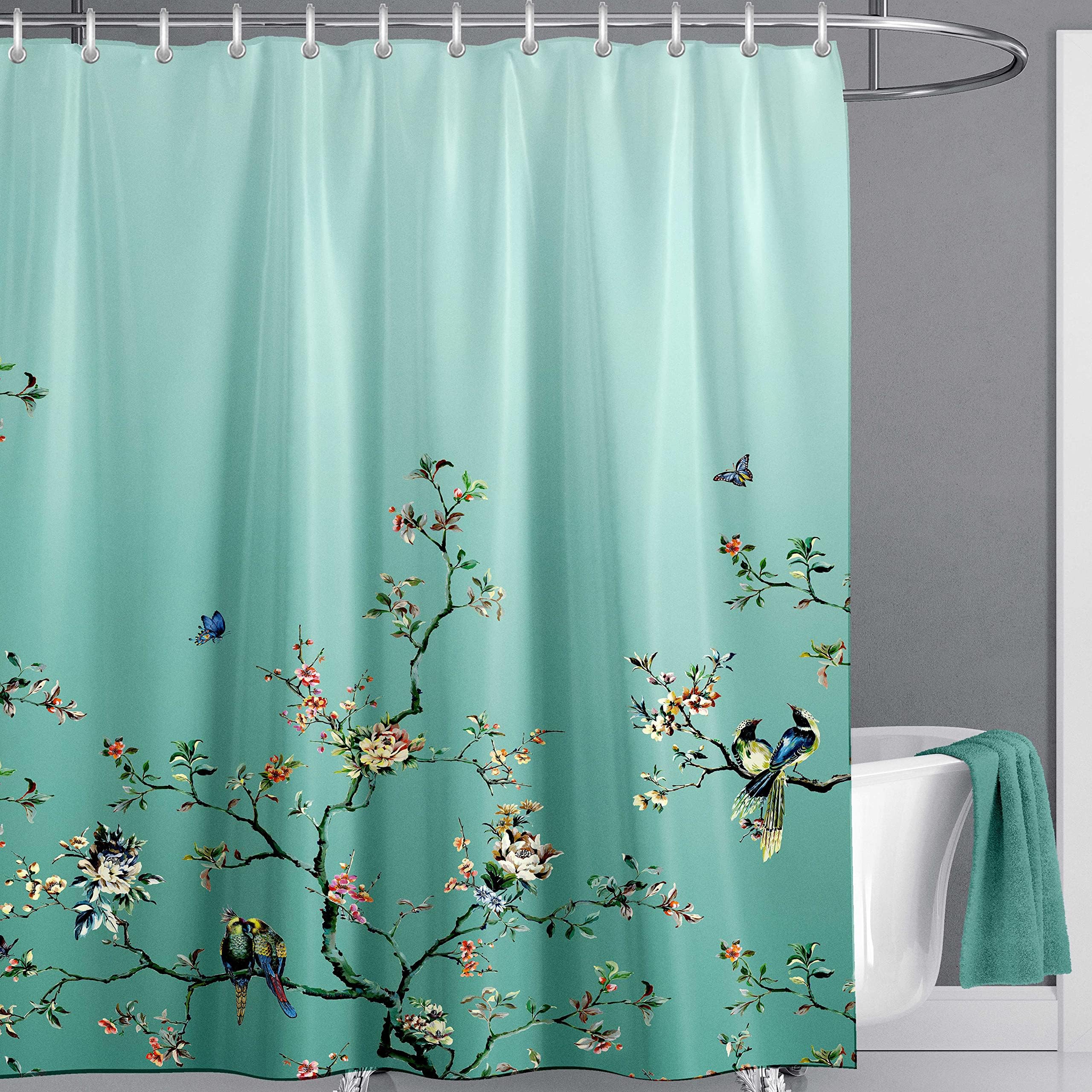 LIVETTY Ombre Green Bird Extra Long Shower Curtain 200cm × 200cm Drop Floral Butterfly Fabric Bathroom Mould Proof Spring Washable Shower Curtain With 12 Hooks — image 1