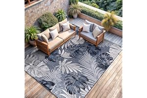 CAMILSON Indoor Outdoor Rug Navy Blue 5x7 Leaf Tropical Botanical Area Rugs for Indoor and Outdoor patios, Easy-Cleaning Non-Shedding Living Room Garden and Kitchen Washable Outside Carpet (5 x 7)