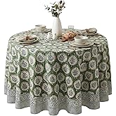 ATOSII Kari Green 100% Cotton Round Boho Spring Summer Tablecloth, Block Print Floral Table Cloth Linen for Dining, Parties, Weddings, OutdoorsI Home Table Decor 72" Inches Round