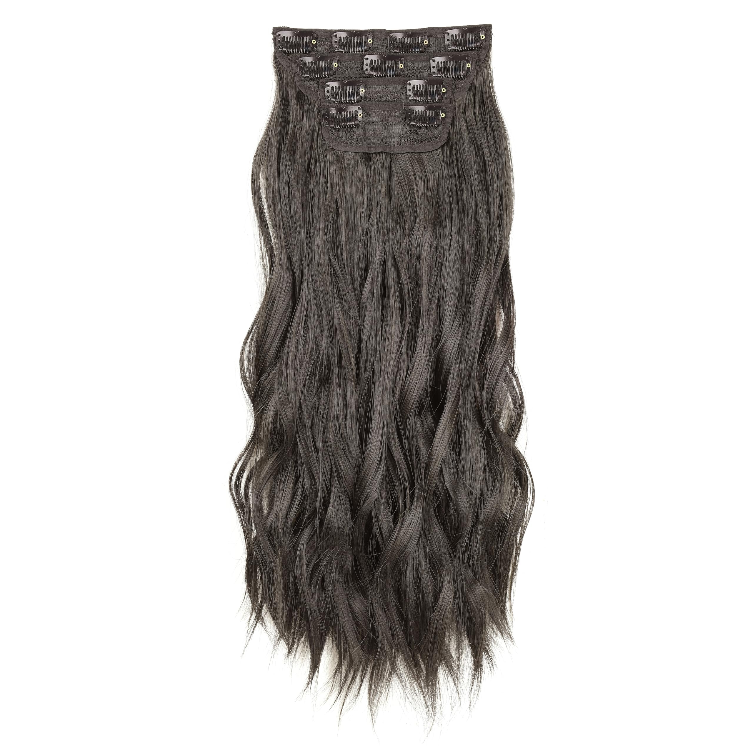 Xtrend 16 Inch Dark Brown Long Wavy Hair Extensions - 11Clips Synthetic Hair Pieces for Women & Girls - 4PCS Full Head Set - Thick Curly Wavy