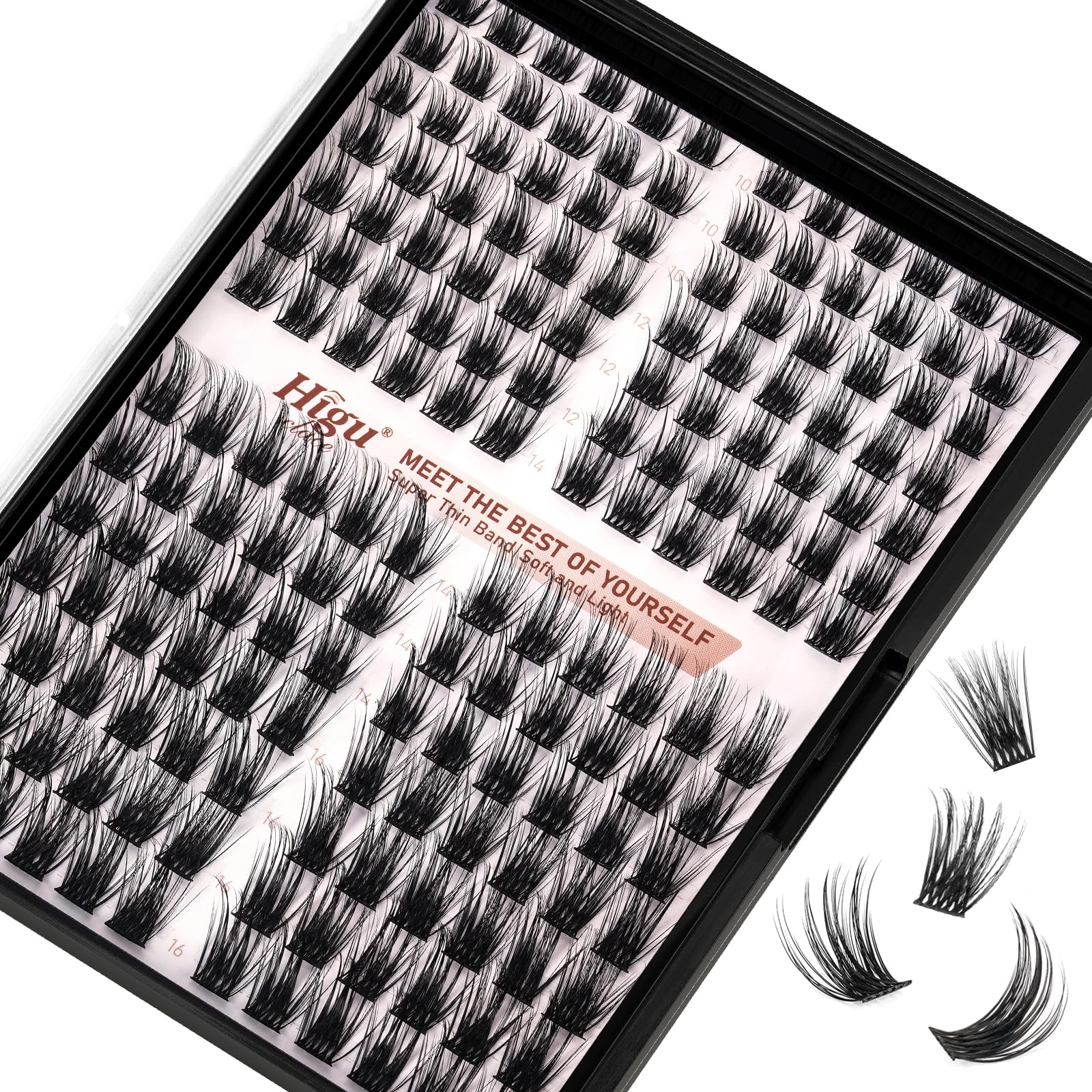 Higu clace Lash Clusters, 168pcs Individual False Eyelashes, Mix10-16mm D Curl Reusable Mega Volume Look Eyelashes, Super Thin Soft Band, Lash Extensions DIY at Home - Light D Curl 10-16mm — image 1